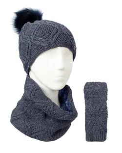 ست شال گردن و کلاه و دستکش مدل آران مارپیچ سرمه ای تارتن Tartan