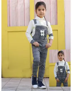 ست شومیز و سرهمی دخترانه نباتی طوسی چهارخانه For Baby