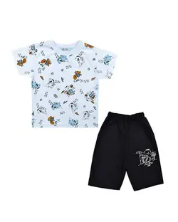 ست تی شرت و شلوارک پسرانه نخی سفید مشکی نیروان کد 2122