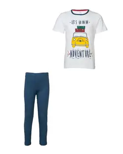 ست تی شرت و شلوار پسرانه نخی یقه گرد سفید آبی زیپی