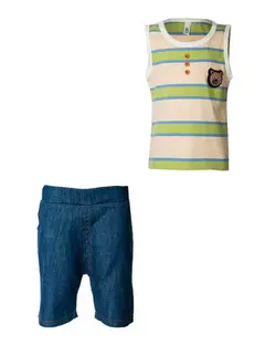 ست تاپ و شلوارک پسرانه سبز آبی تیره راه راه Ma Ding Beier