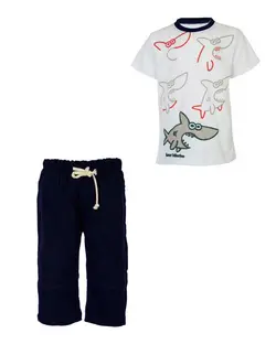 ست تی شرت و شلوارک پسرانه کتان سفید سرمه ای نامز