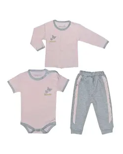 ست 3 تکه لباس دخترانه نوزادی نخی صورتی طوسی بیبی وان Baby One مدل قلب کد 3