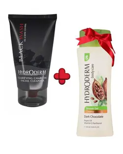 ژل شستشوی صورت حاوی زغال با هدیه شامپو بدن کرمی با رایحه شکلات تلخ هیدرودرم Hydroderm