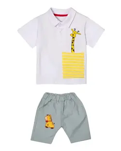 ست پولوشرت و شلوارک طرح زرافه سفید طوسی کیدز پرو Kids Pro