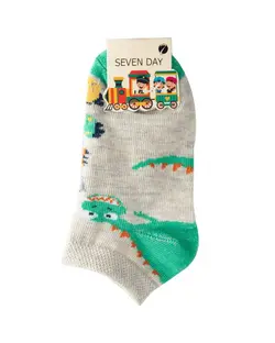 جوراب پسرانه مچی نخی طوسی سبز Seven Day طرح دایناسور