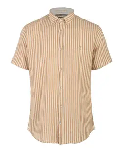 پیراهن مردانه کنفی آستین کوتاه کرم نسکافه ای راه راه اچ پلاس Hplus