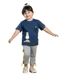 تی شرت دخترانه یقه گرد آبی نفتی زرد برشاد Bershad مدل S701