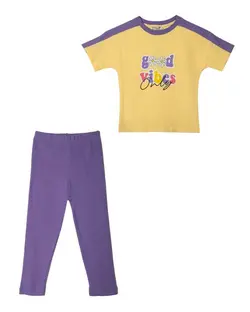 ست تی شرت و لگینگ دخترانه نخی زرد بنفش مارکا کیدز Marka Kids طرح Vibes
