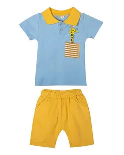 ست پولوشرت و شلوارک بچگانه آبی خردلی مارکا کیدز Marka Kids طرح زرافه