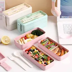ظرف غذای بامبو سه طبقه لانچ باکس با قاشق و چنگال 900 میل Lunch Box