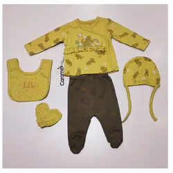 ست لباس نوزادی پنج تکه زرد کارامل