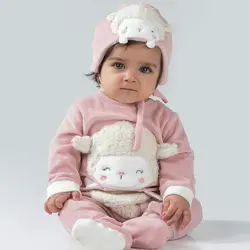 سرهمی و کلاه کودک زمستانی مخمل صورتی طرح بره ایندیگو