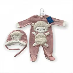 سرهمی و کلاه کودک زمستانی مخمل صورتی طرح بره ایندیگو