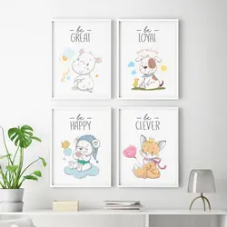 تابلو اتاق کودک هپی لند طرح سگ و روباه و خرس و اسب آبی کد T112530 مجموعه 4 عددی