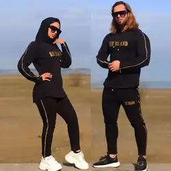 ست زن و مرد کد208 هودی و شلوار طرح بغل زیپ دار طلایی رنگ مشکی