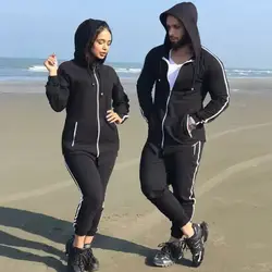 ست زن و مرد کد201 هودی و شلوار طرح نوار تک خط جنس دورس