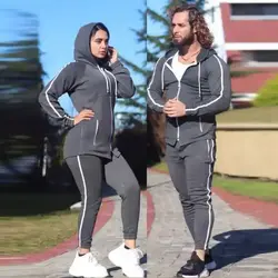 ست زن و مرد کد168 هودی و شلوار طرح تک خط جنس دورس رنگ طوسی