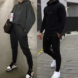 ست زن و مرد کد148 هودی و شلوار طرح ساده جنس دورس رنگ مشکی