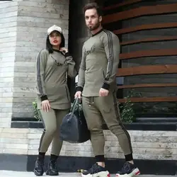 ست زن و مرد کد015 سویشرت و شلوار طرح سه خط جنس دورس رنگ سبز