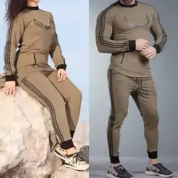 ست زن و مرد کد034 سویشرت و شلوار طرح سه خط جنس دورس رنگ کرم