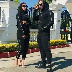 ست زن و مرد کد025 هودی و شلوار طرح زیپ جنس دورس رنگ مشکی