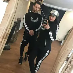 ست زن و مرد کد017 سویشرت و شلوار طرح سه خط دورس رنگ مشکی