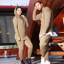 ست زن و مرد کد013 هودی و شلوار طرح زیپ دار جنس دورس رنگ کرم