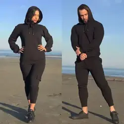 ست زن و مرد کد011 هودی و شلوار طرح ساده جنس دورس رنگ مشکی