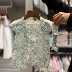 رامپر دخترانه حریر گلدار ایندیگو