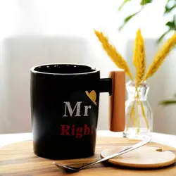 ماگ سرامیکی مستر رایت مشکی قاشق دار درب چوبی