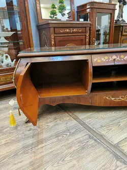 میزتلویزیون چوبی معرق مدل خمره ای کمددار طول 2 متر