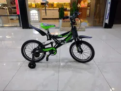 دوچرخه سایز 16 مشکی سبز کمکفنر دار طوقه آلومینیوم پره موتوری