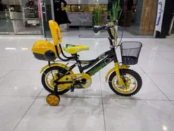 دوچرخه سایز ۱۲ زرد سبد پشتی دار طوقه آلومینیوم پره موتوری