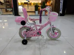 دوچرخه سایز ۱۲ صورتی دخترانه سبد پشتی دار طوقه آلومینیوم پره موتوری