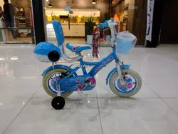 دوچرخه سایز ۱۲ آبی دخترانه سبد پشتی دار طوقه آلومینیوم پره موتوری