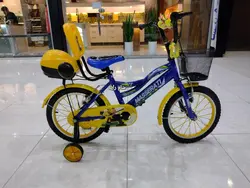 دوچرخه سایز ۱۶ آبی زرد سبد پشتی دار طوقه آلومینیوم پره موتوری