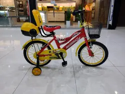 دوچرخه سایز ۱۶ قرمز زرد سبد پشتی دار طوقه آلومینیوم پره موتوری