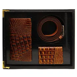 ست هدیه عمده کیف و کمربند و جا کارتی چرم به همراه جعبه چوبی خاص | set box 001