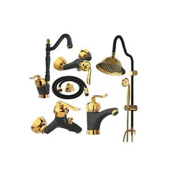 ست شش تیکه شیرآلات تیرداد مدل دیانا مشکی طلایی به همراه دوش دو کاره و شیلنگ توالت