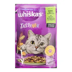 پوچ گربه ویسکاس با طعم میکس بره و مرغ در سس Whiskas Tasty Mix With Lamb & Chicken in Gravy وزن 85 گرم