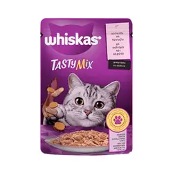 پوچ گربه ویسکاس با طعم میکس ماهی سالمون و هویج در سس Whiskas Tasty Mix With Salmon & Carrot in Gravy وزن 85 گرم