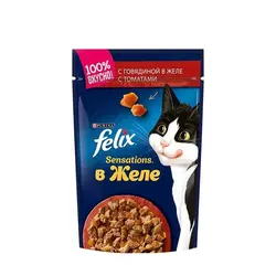 پوچ گربه فلیکس با طعم گوشت گاو و گوجه فرنگی در ژله Felix Sensations Beef And Tomato in Jelly وزن 85 گرم
