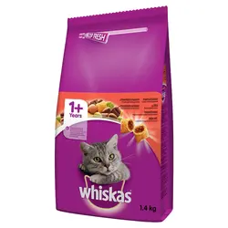 غذای خشک گربه ویسکاس با طعم گوشت گاو Whiskas Adult with Beef وزن 1.4 کیلوگرم
