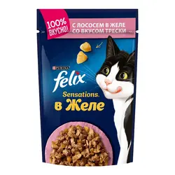 پوچ گربه فلیکس با طعم ماهی سالمون و کاد در ژله Felix Sensation Salmon in Cod flavored Jelly وزن 85 گرم