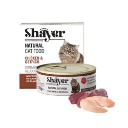 کنسرو غذای گربه با طعم مرغ و شترمرغ در سس گوشت شایر Shayer Natural Cat Food Chicken & Ostrich وزن 110 گرم