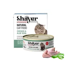 کنسرو غذای گربه با طعم مرغ و آلوئه ورا در سس گوشت شایر Shayer Natural Cat Food Chicken & Aloe Vera وزن 110 گرم