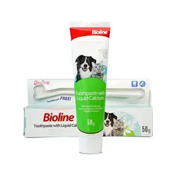 ست مسواک و خمیر دندان سگ و گربه بایولاین حاوی کلسیم مایع Bioline Toothpaste with Liquid Calcium وزن 50 گرم