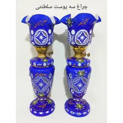 چراغ نفتی کریمخانی سه پوست طرح ماشین تمام برنجی دو فیتیله 64 سانتی متری