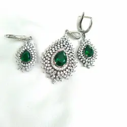 خرید نیم ست نقره ارزان با نگین سبز طرح طلا سفید ✅